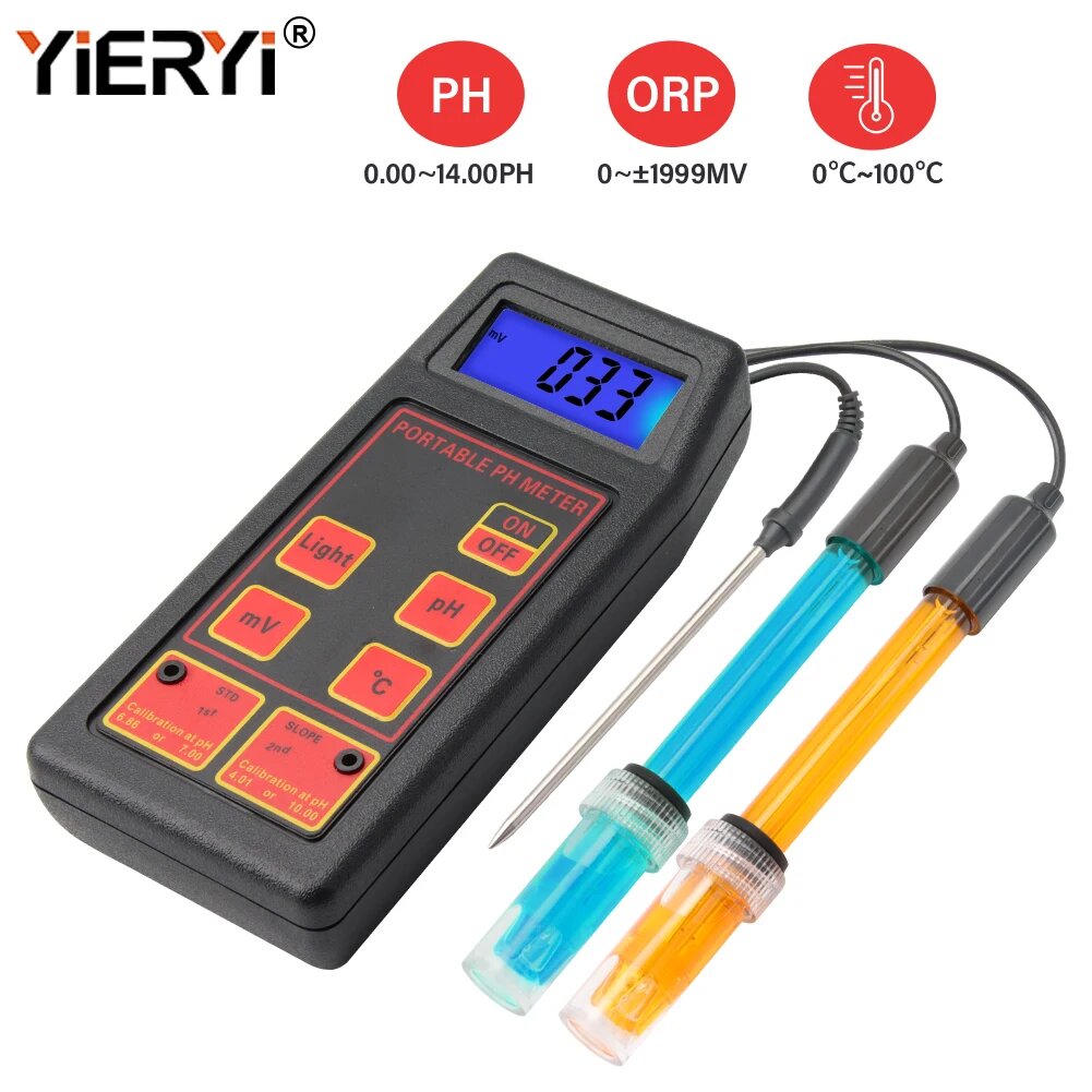 Yieryi PH-метр и измеритель температуры ОВП PH-8424 цифровой тестер качества воды 0-14 PH для бассейна аквариума гидропоники монитора MV 1.2M probe Meter