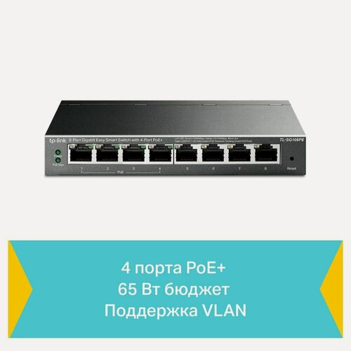Изображение товара Коммутатор TP-Link TL-SG108PE Easy Smart гигабитный управляемый, 8xRJ45 1Гбит/с (4 порта PoE+), с поддержкой автосогласования и авто-MDI/MDIX