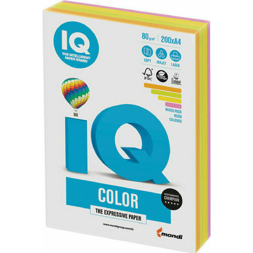 Бумага цветная Бумага цветная IQ color, А4, 80 г/м2, 200 л, (4 цвета x 50 листов), микс неон, RB04 бумага цветная iq color а4 80 г м2 200 л 4 цвета x 50 листов микс неон rb04