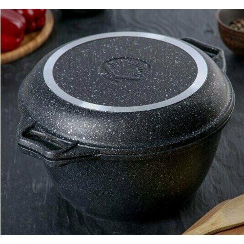 Казан с крышкой-сковородой 3 л антипригарное покрытие тёмный мрамор 5347₽