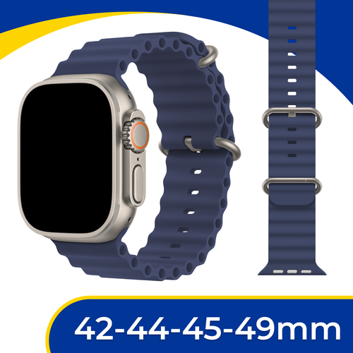 силиконовый ремешок ocean band на смарт часы apple watch 1 9 se ultra 42 44 45 49 мм браслет для эпл вотч 1 9 се ультра зеленый Силиконовый ремешок Ocean Band на смарт часы Apple Watch 1-9, SE, Ultra 42-44-45-49 мм / Сменный браслет для Эпл Вотч 1-9, СЕ, Ультра / Синий