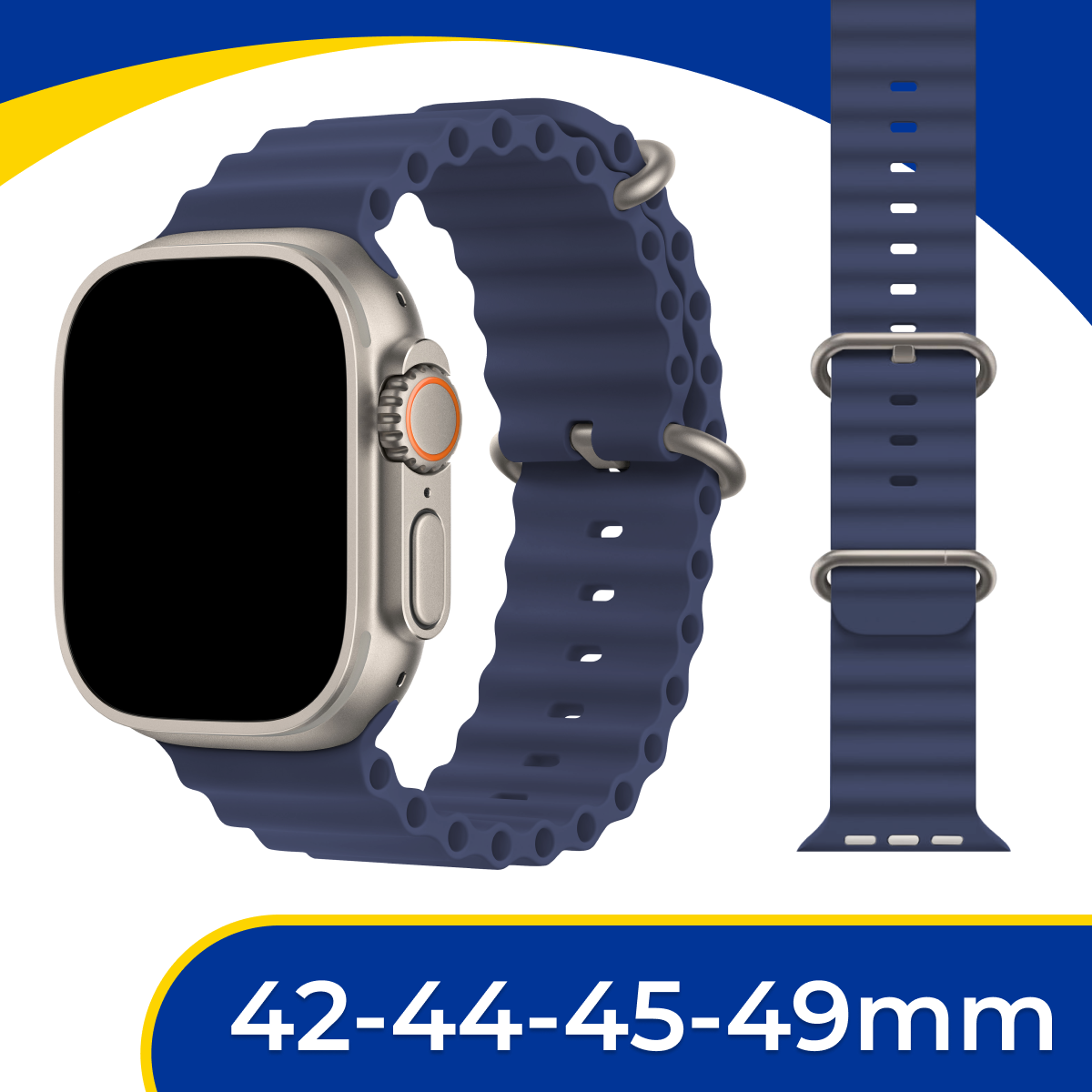 Силиконовый ремешок Ocean Band на смарт часы Apple Watch 1-9, SE, Ultra 42-44-45-49 мм / Сменный браслет для Эпл Вотч 1-9, СЕ, Ультра / Синий