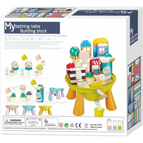 Стол с конструктором Smoneo Водные горки, голубой, 122 элемента, совместимый с конструктором Лего DUPLO