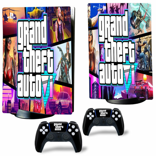 Наклейка виниловая защитная на игровую консоль Sony PlayStation 5 Disc Edition, GTA, полный комплект с геймпадами розовый, желтый, белый