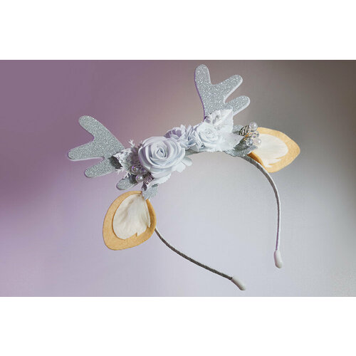 Новогодний белый ободок, оленёнок в цветочках