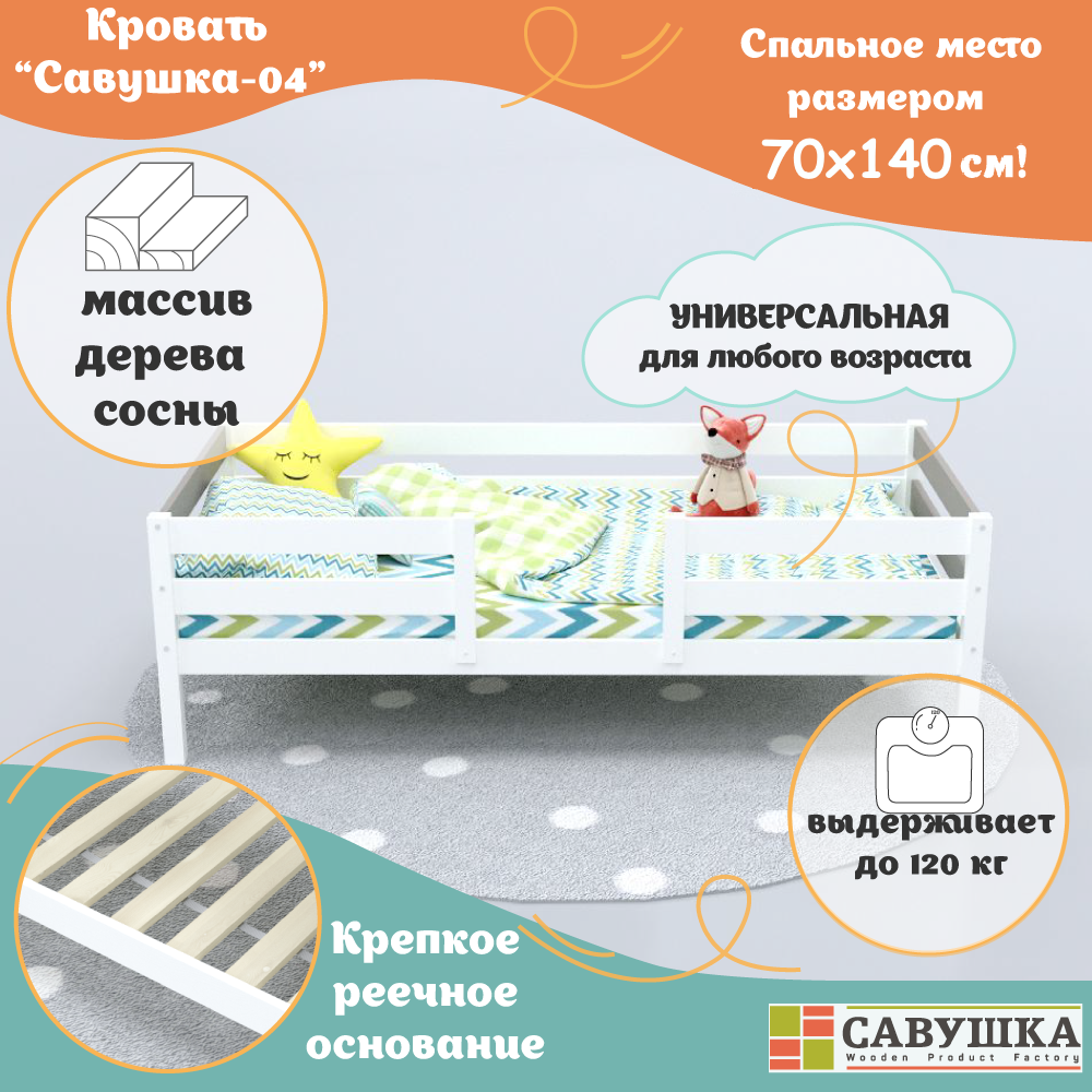 Кровать детская с бортиками деревянная 70х140 Савушка-04 Белая/Капучино основание в комплекте