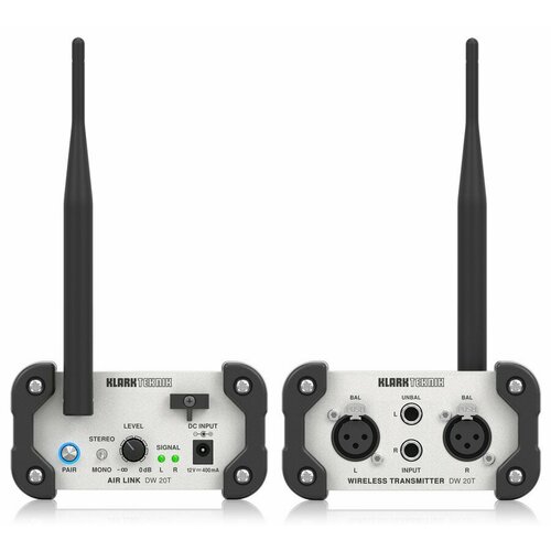 KLARK TEKNIK DW 20T передатчик стерео 2,4 ГГц, регулировка уровня, входы Jack и XLR, радиус 30 метров, крепление на стену klark teknik dw 20br приёмник стерео 2 4 ггц bluetooth v4 2 регулировка уровня выходы jack и xlr радиус 30 метров крепление на стену