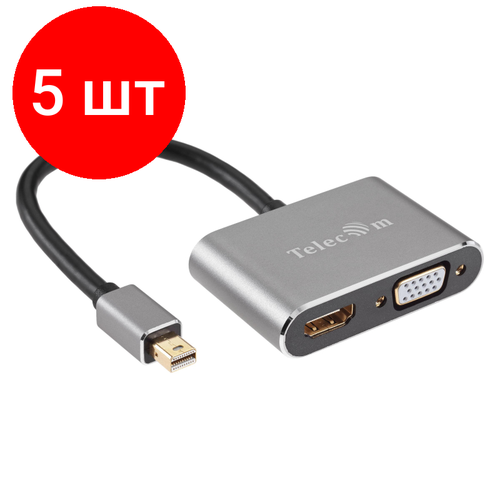 Комплект 5 штук, Кабель Mini DisplayPort - HDMI - VGA, M/F/F, 4K 30Hz, серый, Telecom, TA6080 кабель telecom mini displayport m hdmi f ta6056
