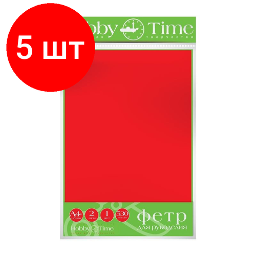 Комплект 5 упаковок, Фетр 4мм, 530 Г/М. Кв, Ф. А4, 19.5Х28.8См, 2 Листа Красный 2-156/01