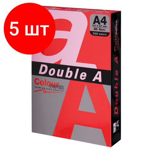 Комплект 5 шт, Бумага цветная DOUBLE A, А4, 80 г/м2, 500 л, интенсив, красная комплект 2 шт бумага цветная double a а4 80 г м2 500 л интенсив зелёная