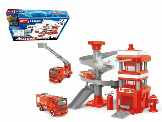 MOTORRO Интерактивная пожарная станция с цистерной для воды, цвет красный / Игровой набор, станция для мальчиков / Парковка и трек в подарок