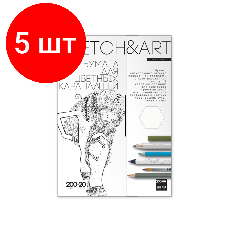 Комплект 5 наб, Набор бумаги д/скетчинга SKETCH&ART А4 д/цв. каранд 200г/м2 20л 4-20-148/02