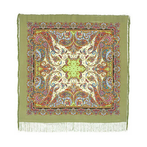 фото Платок павловопосадская платочная мануфактура,130х130 см, зеленый, бежевый