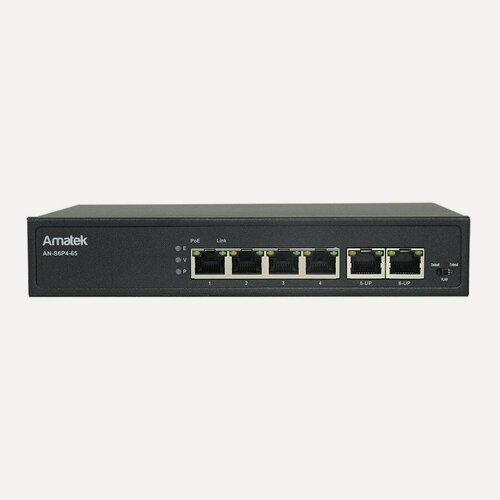 Изображение товара Коммутатор на 6 портов (4 PoE порта + UpLink 2порта) Amatek AN-S6P4-65