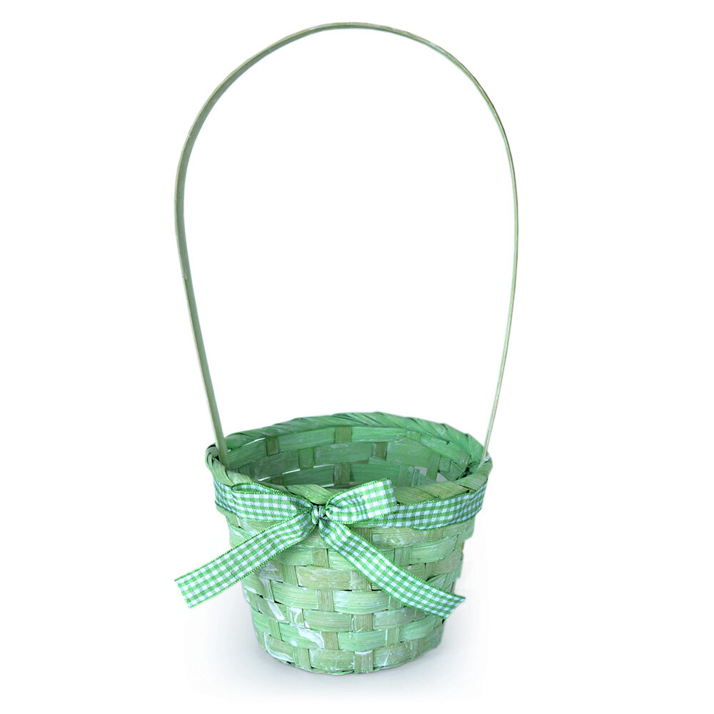 фото Корзинка плетеная с ручкой декоративная корзина для букета с бантиком, d13хH31 см. Цвет: Салатовый