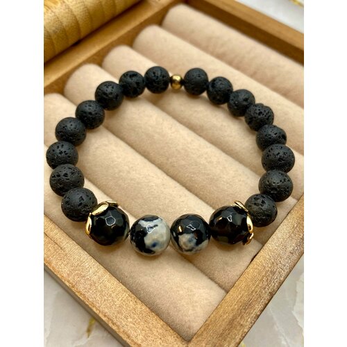 фото Браслет el tro, вулканическая лава, агат, 1 шт., размер 16 см, размер m, диаметр 6 см, черный