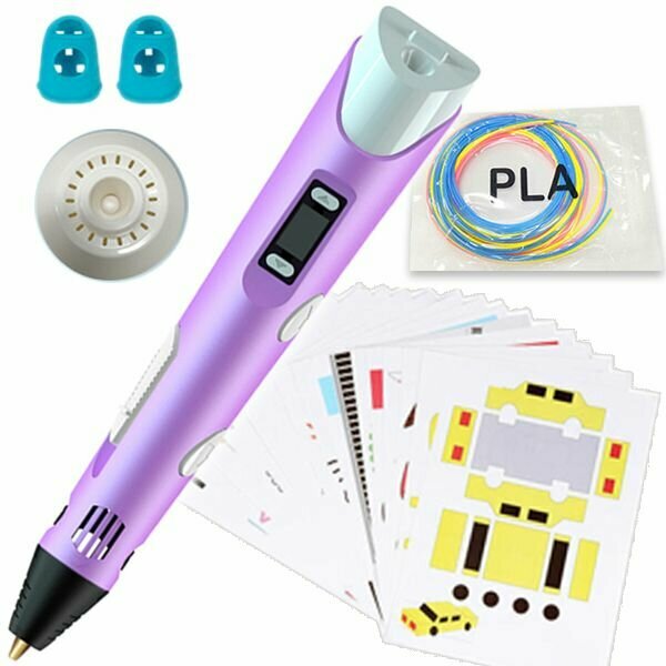 3D ручка с набором PLA пластика (209метров разноцветный) + трафареты подставка коврик напальчники фиолетовая
