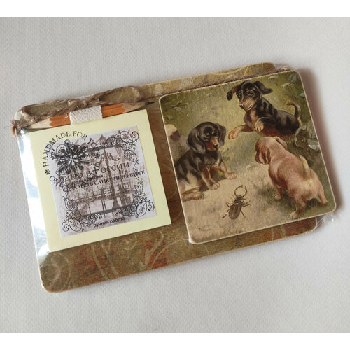 Магнит на холодильник деревянный handmade с блоком для записей Собаки щенки арт.004259