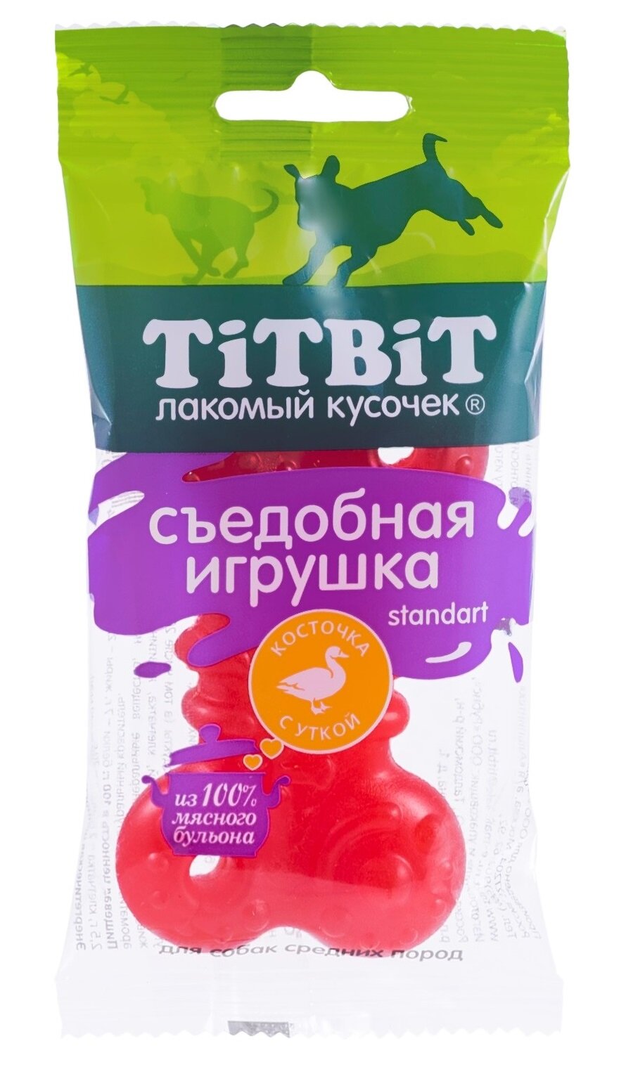 Лакомство TiTBiT Съедобная игрушка косточка standart с уткой для собак (50 г)