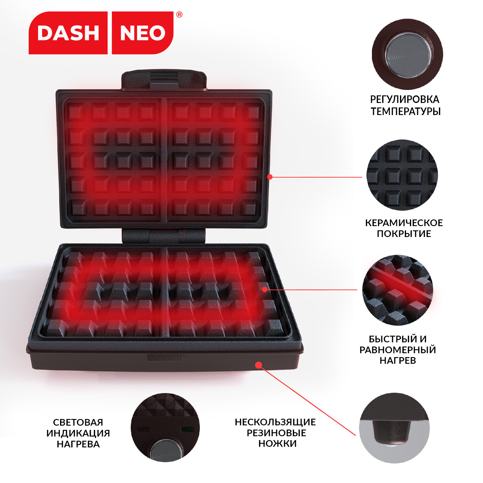 Вафельница электрическая DASH NEO с керамической покрытием двойная для венских и бельгийских вафель черная