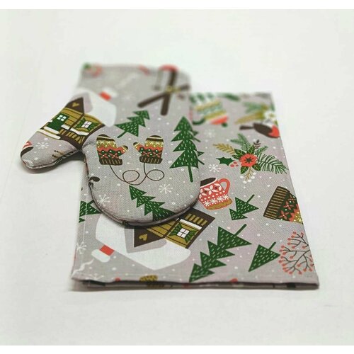 Кухонный комплект Новогодний Переполох подарочный набор 2 шт: Полотенце 45х60, Рукавица 25х30