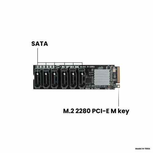 Адаптер-переходник (плата расширения) с M.2 2280 PCI-E 3.0 x2 (M key) на 6 портов SATA Gen3 (6 Гбит/с), NFHK N-1166A разветвитель m 2 key m на sata 3 0 райзер карта карта расширения 5 портов sata адаптер m 2