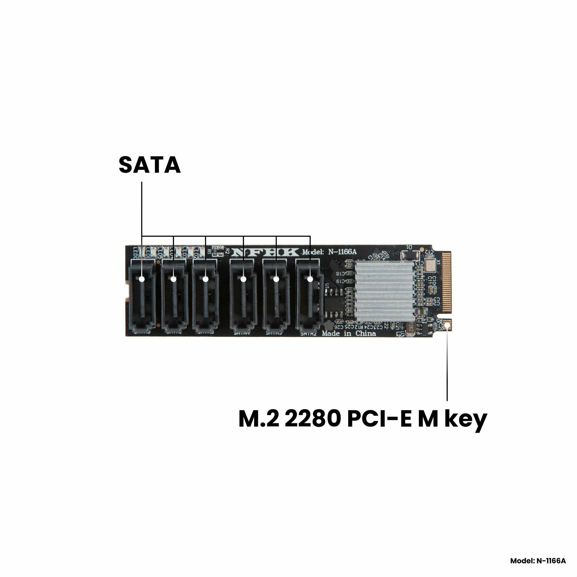 Адаптер-переходник (плата расширения) с M.2 2280 PCI-E 3.0 x2 (M key) на 6 портов SATA Gen3 (6 Гбит/с) NFHK N-1166A