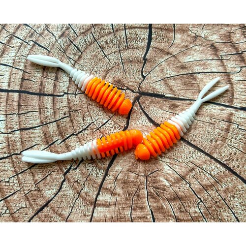 Мягкая силиконовая приманка для форели Креветка 55 мм, 10 шт в банке, аттрактант Сыр, цвет Бело-оранжевый