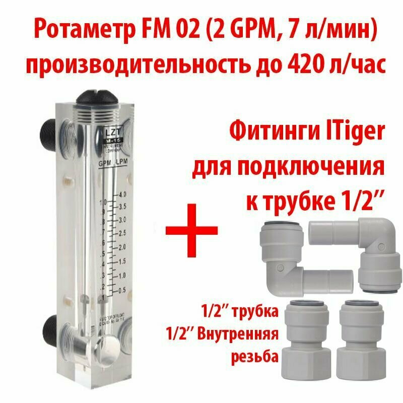 Ротаметр (измеритель потока воды или флоуметр) панельный FM 02 шкала 0,2-2 GPM или 0,5-7 л/мин + фитинги на 1/2" трубку. Для измерения потока до 420 литров в час.