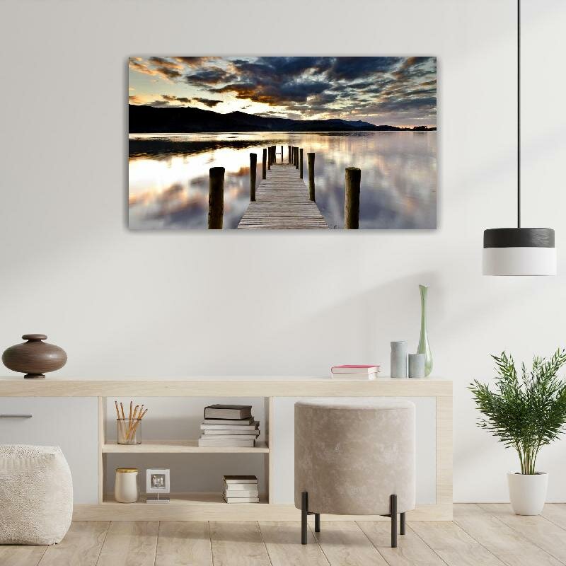 Картина на холсте 60x110 LinxOne "Озеро пейзаж мост" интерьерная для дома / на стену / на кухню / с подрамником