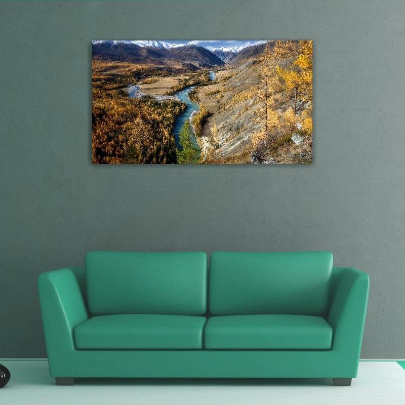 Картина на холсте 60x110 LinxOne "Пейзаж горы река Аргут Алтай" интерьерная для дома / на стену / на кухню / с подрамником