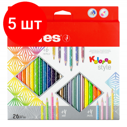 Комплект 5 наб, Карандаши цветные 26 цв. 3-гран, Kores Kolores Style, 93320 карандаши цветные kores kolores metallic style 12 шт трехгранные пластик 93316