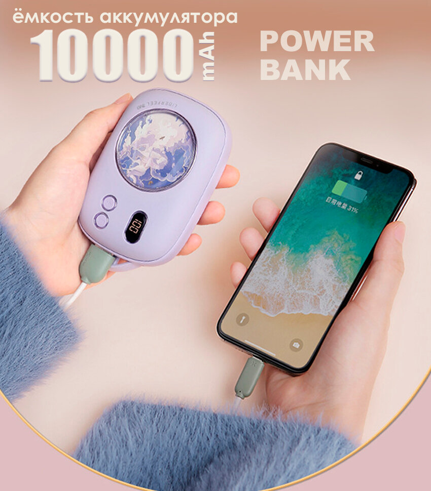 Портативный внешний аккумулятор Power Bank 10000 mAh и карманная грелка для рук с единорогом