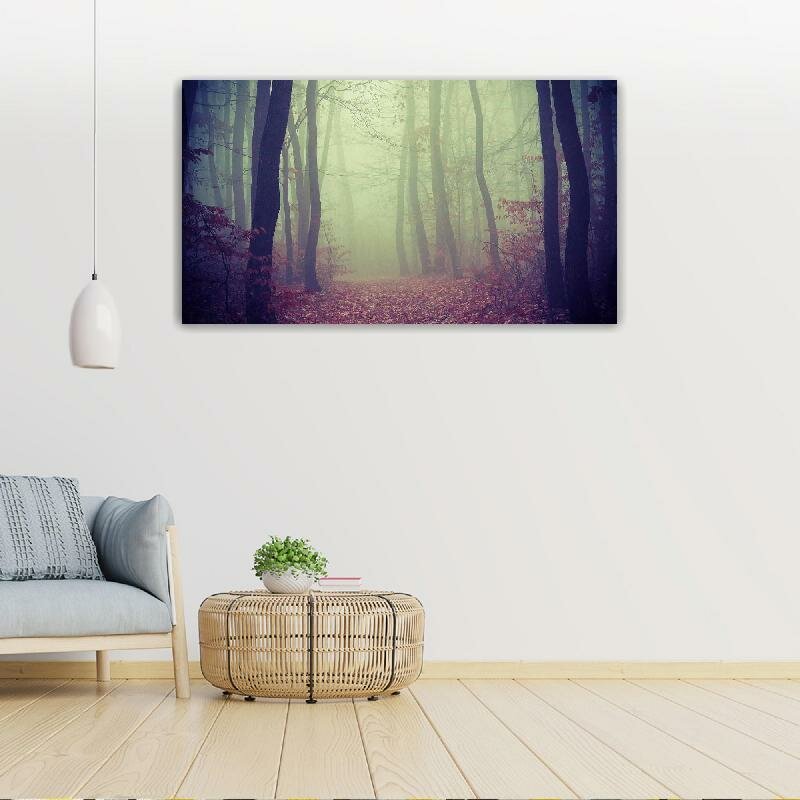 Картина на холсте 60x110 LinxOne "Лес туман деревья дорога листва" интерьерная для дома / на стену / на кухню / с подрамником