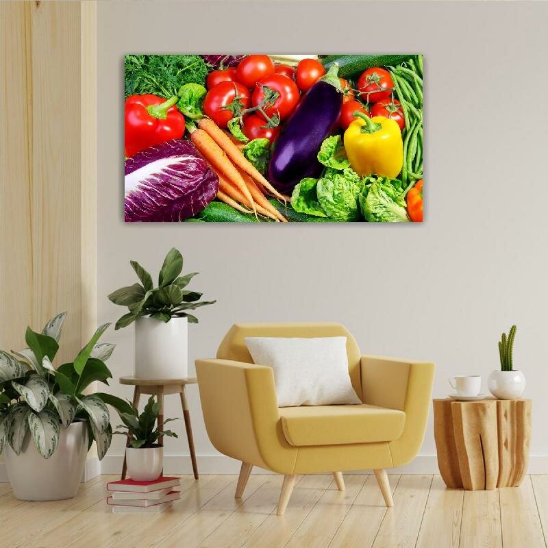 Картина на холсте 60x110 LinxOne "Овощи зелень куча" интерьерная для дома / на стену / на кухню / с подрамником