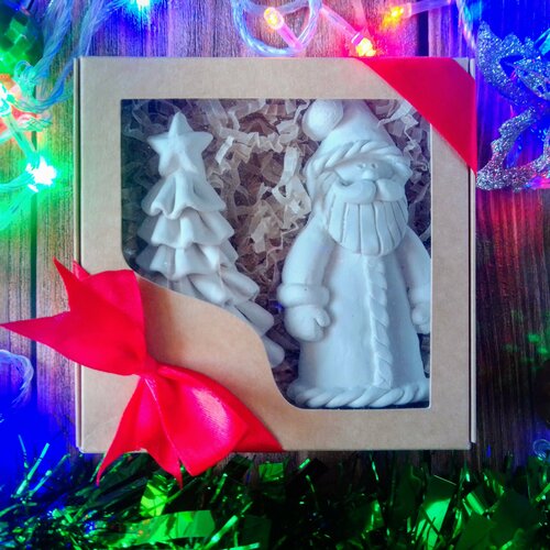 Гипсовые фигурки для раскрашивания, маленький набор Дед мороз и Ёлочка в подарочной упаковке гипсовые фигурки для раскрашивания набор краски кисточка 5 гипсовых зайчиков