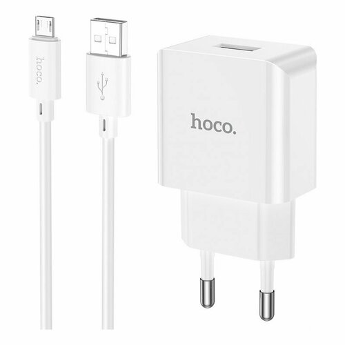 Сетевое зарядное устройство (СЗУ) Hoco C106A (USB) + кабель MicroUSB, 2.1 А, белый сетевое зарядное устройство hoco n4 2 usb 2 4 а кабель microusb 1 м белый
