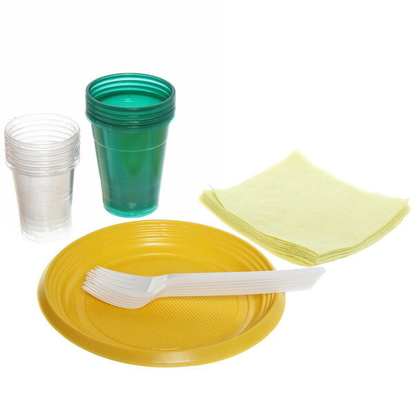 Набор одноразовой посуды «Турист» на 6 персон (тарелка 17см, стакан 0,2л, стакан 0,1л, вилка, салф
