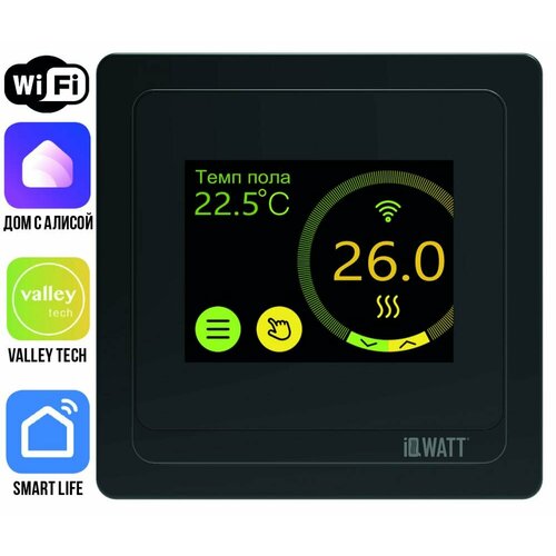 фото Программируемый терморегулятор с цветным сенсорным tft дисплеем smart heat wi-fi black и голосовым управлением алиса 400111 черный iqwatt