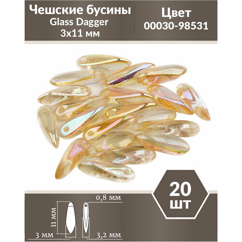 Чешские бусины, Glass Dagger, 3х11 мм, цвет Crystal Yellow Rainbow, 20 шт. чешские бусины glass dagger 3х11 мм цвет crystal orange rainbow 20 шт