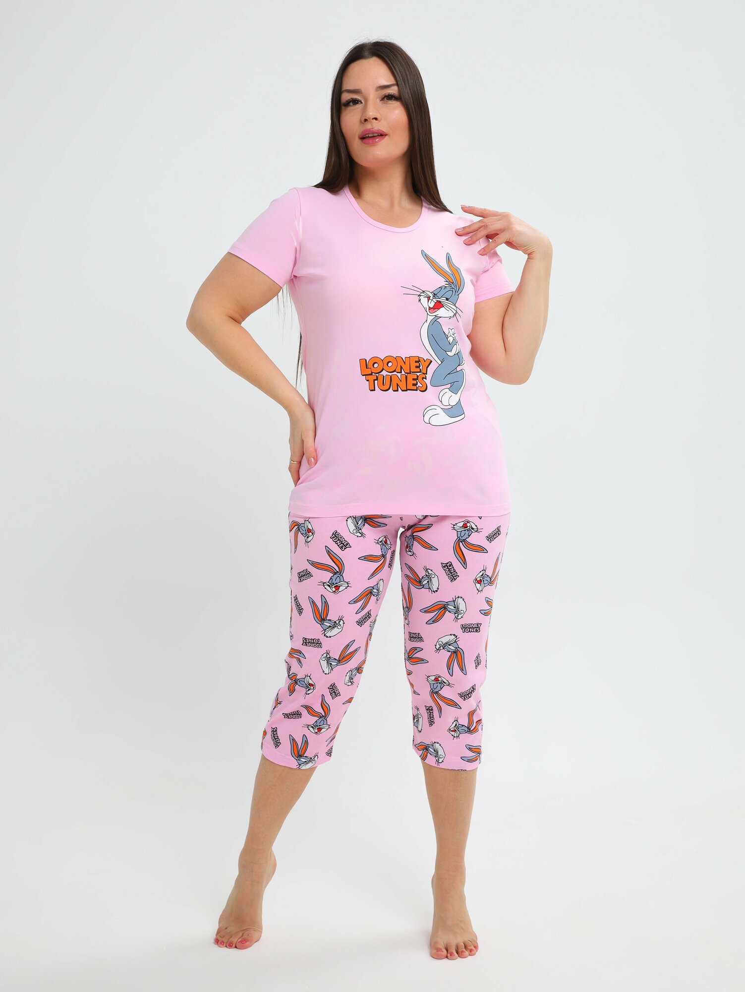 Пижама женская с бриджами хлопок домашний костюм Кролик розовый 54р - фотография № 4