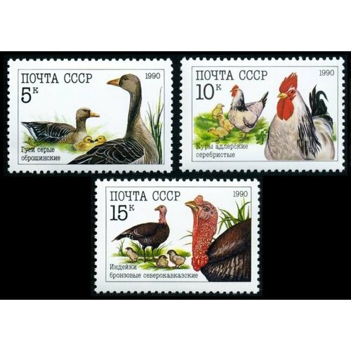 Почтовые марки СССР 1990 г. Фауна. Домашние птицы. Серия из 3 марок. MNH(**)