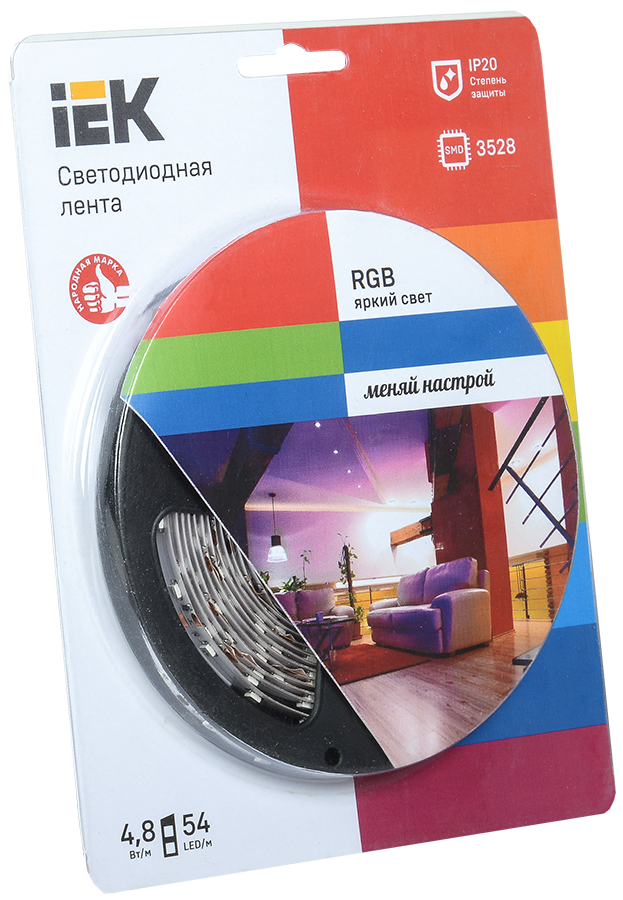 Лента светодиодная ECO LED LSR-3528RGB54-4.8-IP20-12V 5Вт/м (уп.5м) полноцвет. IEK LSR1-3-054-20-1-05