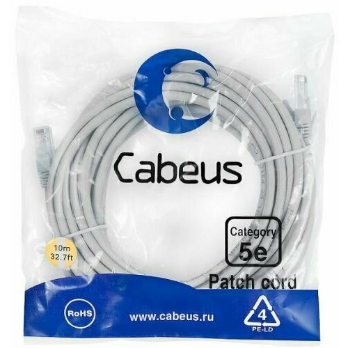 Кабель патч-корд U/UTP 5e кат. 10м. Cabeus PC-UTP-RJ45-Cat.5e-10m неэкранированный, серый патч корд 10м utp cat 6 telecom na102 utp c6 10m