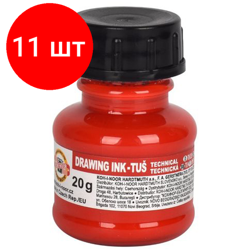 Комплект 11 шт, Тушь акриловая плакатная Koh-I-Noor, 20гр, красная, флакон
