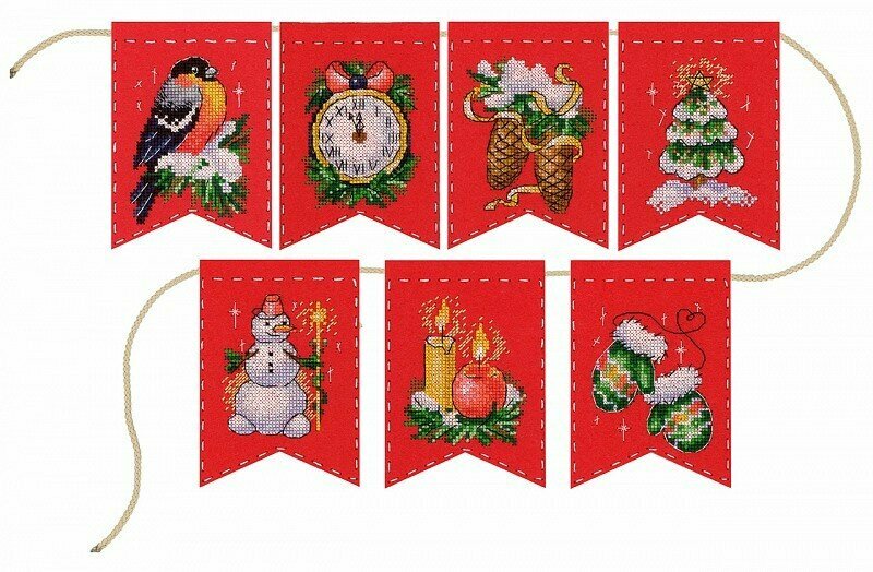 Гирлянда "Новогоднее настроение" (7 флажков) #Т-1017 Жар-Птица Набор для вышивания 8 х 12 см Счетный крест