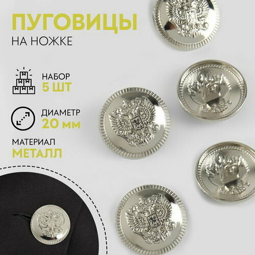 Набор металлических пуговиц на ножке Герб России, d = 20 мм, 5 шт, цвет серебряный, 3 шт.