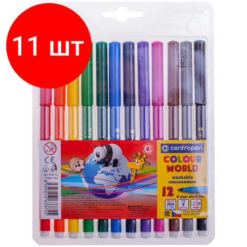 Комплект 11 шт, Фломастеры Centropen Colour World, 12цв, трехгранные, смываемые, блистер