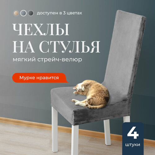 Чехлы на стулья со спинкой для кухни, Birdhouse, Универсальная накидка на стул кухонный, Комплект 4 шт, Светло-серый