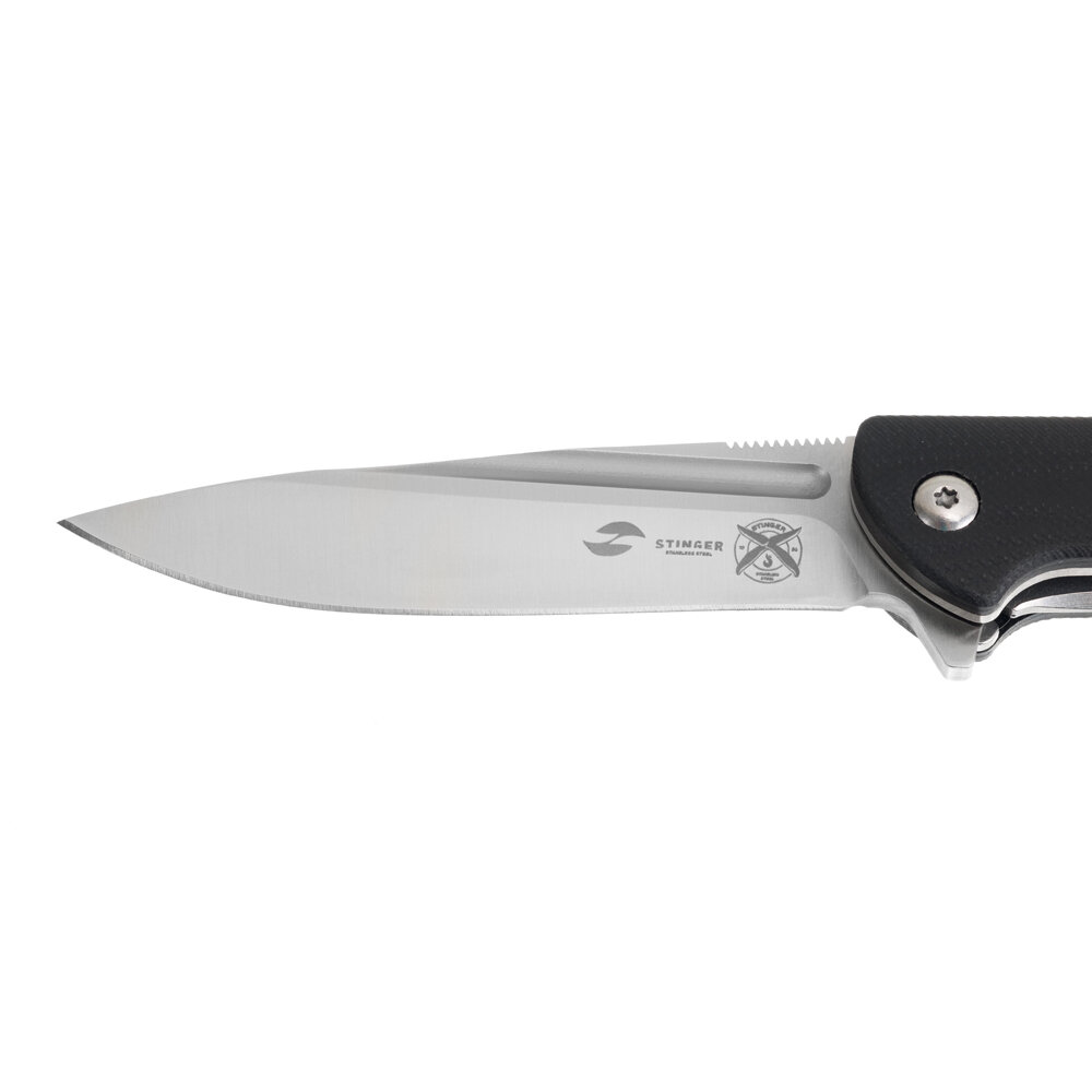 Нож складной Stinger с клипом, клинок 81 мм из стали D2, черная рукоять из стали D2 и стеклотекстолита G10, в нейлоновом чехле FK-H121